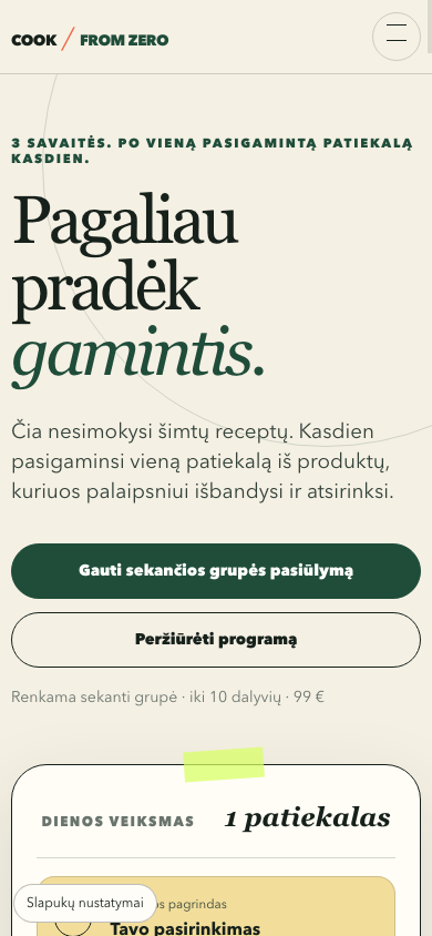 Cook From Zero svetainės mobilus pradinis ekranas, užfiksuotas 2026-09-24
